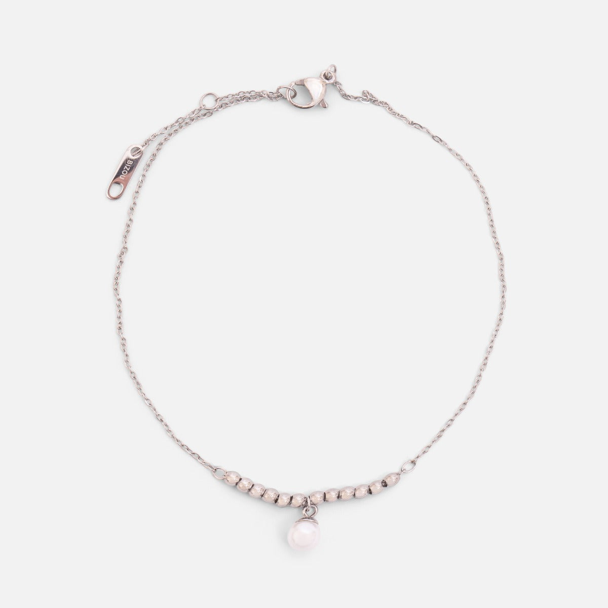 Tiny silver stainless steel ankle chain with small beads and pearl charm