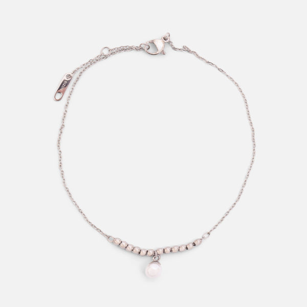 Load image into Gallery viewer, Tiny silver stainless steel ankle chain with small beads and pearl charm
