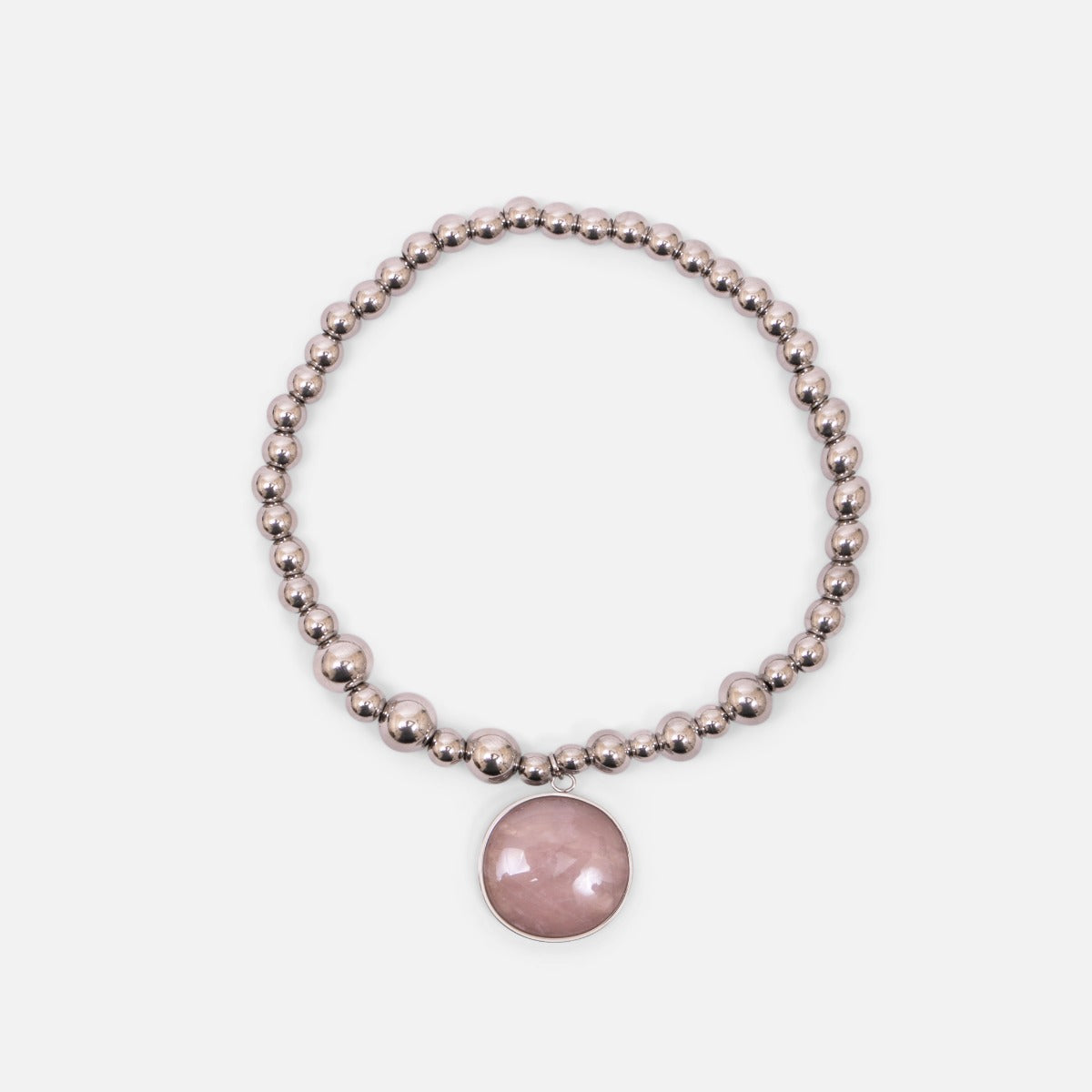 Silver and elastic stainless steel bracelet with pale pink mother-of-pearl round stone