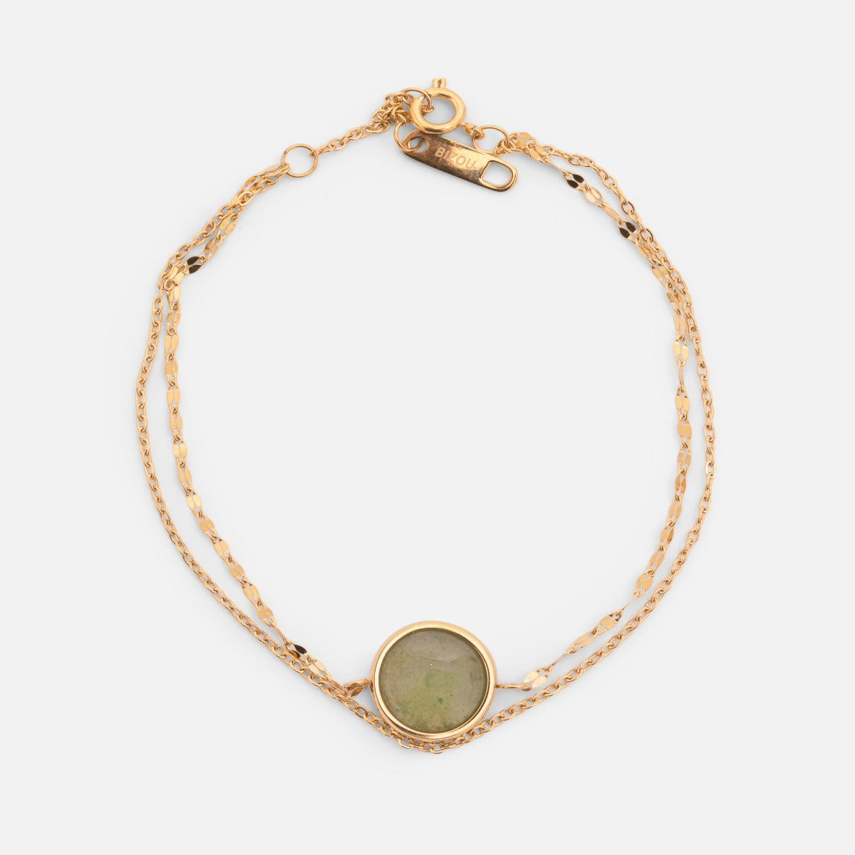 Golden stainless steel bracelet with double chain and green round charm