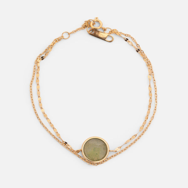 Load image into Gallery viewer, Golden stainless steel bracelet with double chain and green round charm

