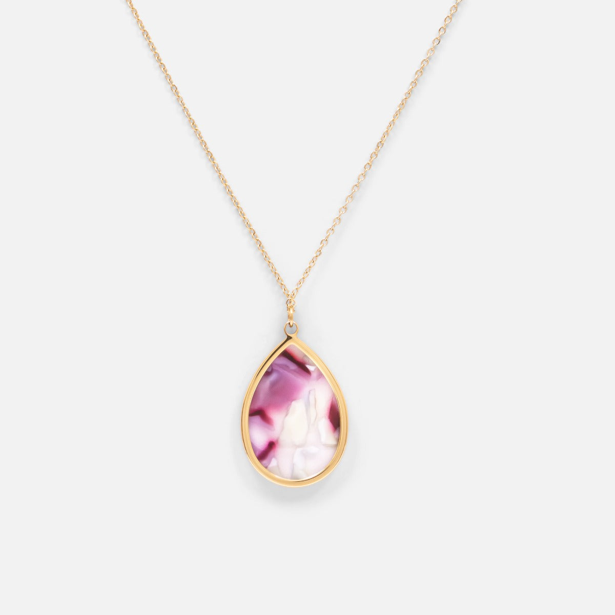 Collier long doré avec breloque en forme de goute effet terrazzo mauve en acier inoxydable