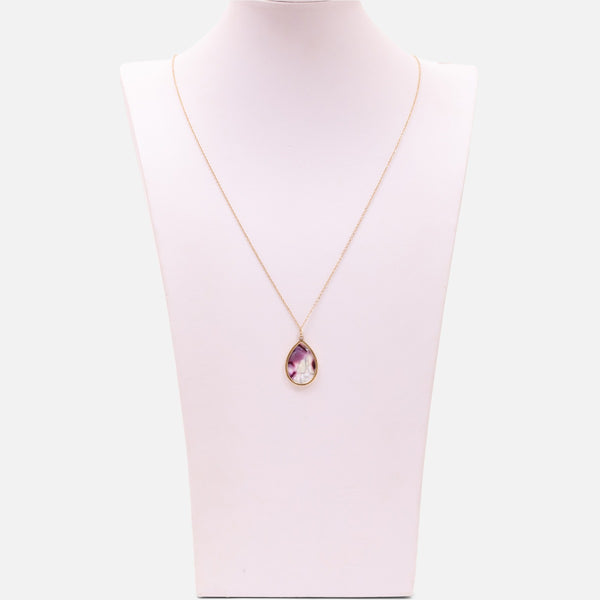 Load image into Gallery viewer, Long golden stainless steel necklace with round purple terrazzo pattern charm
