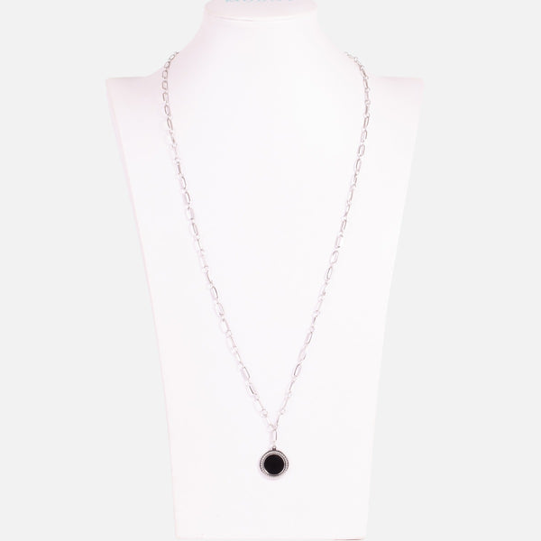 Load image into Gallery viewer, Long silver stainless steel necklace with large links and black round charm and textured outline
