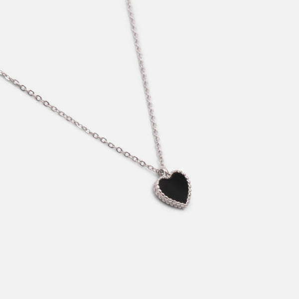 Charger l&#39;image dans la galerie, Collier argent avec breloque cœur pierre noire et contour perles argentées en acier inoxydable
