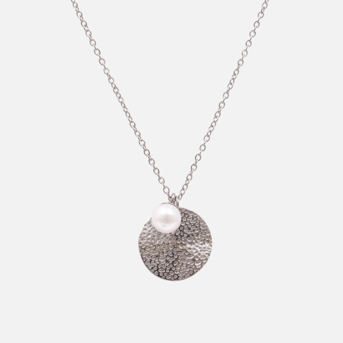 Pendentif argent avec disque rond texturé et breloque perle en acier inoxydable