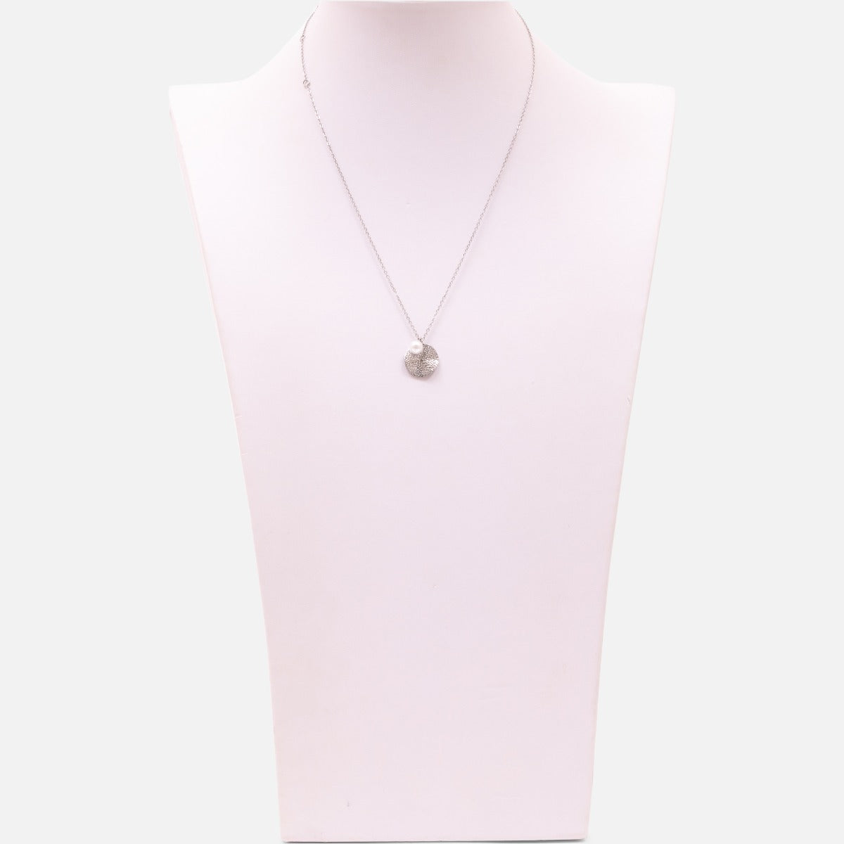 Pendentif argent avec disque rond texturé et breloque perle en acier inoxydable