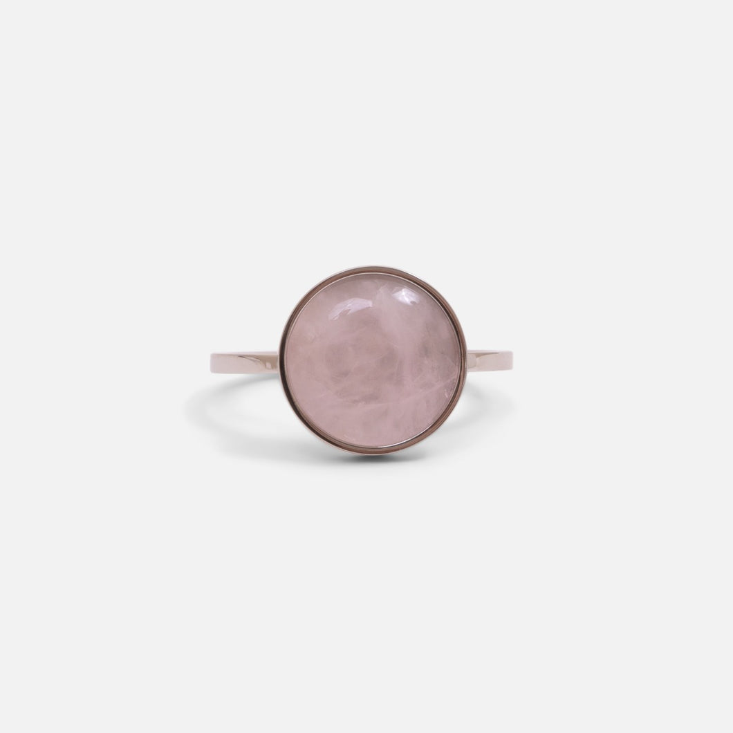 Silver stainless steel ring with pale pink mother-of-pearl round stone