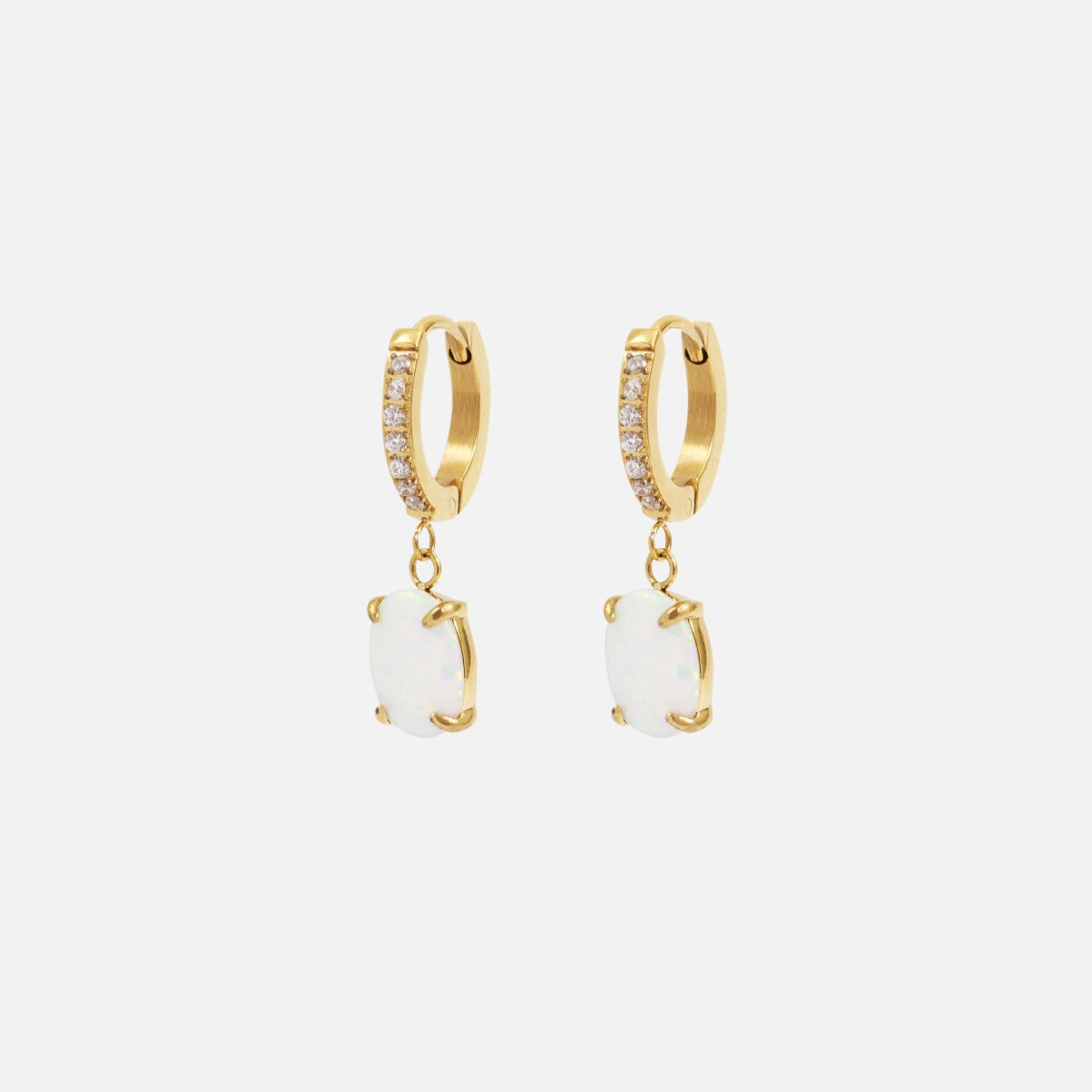 Golden stainless steel huggies earrings with opal effect charm
