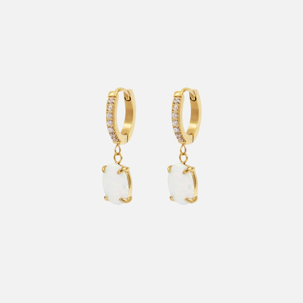 Load image into Gallery viewer, Golden stainless steel huggies earrings with opal effect charm
