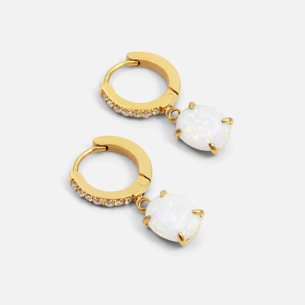 Load image into Gallery viewer, Golden stainless steel huggies earrings with opal effect charm
