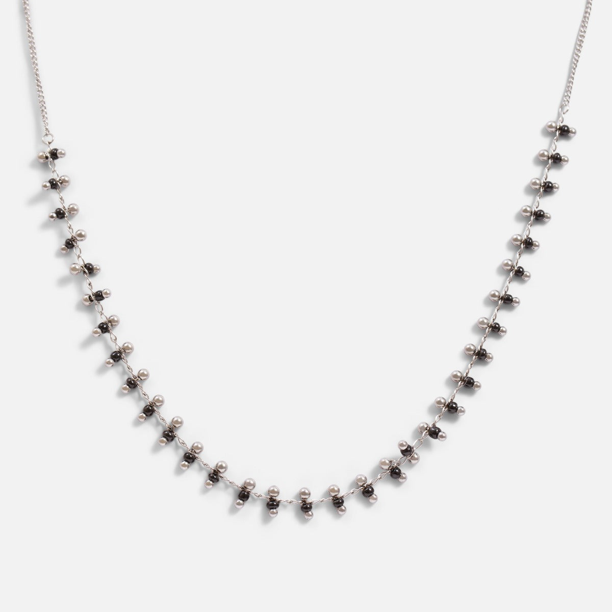 Silvered stainless steel necklace with black beads