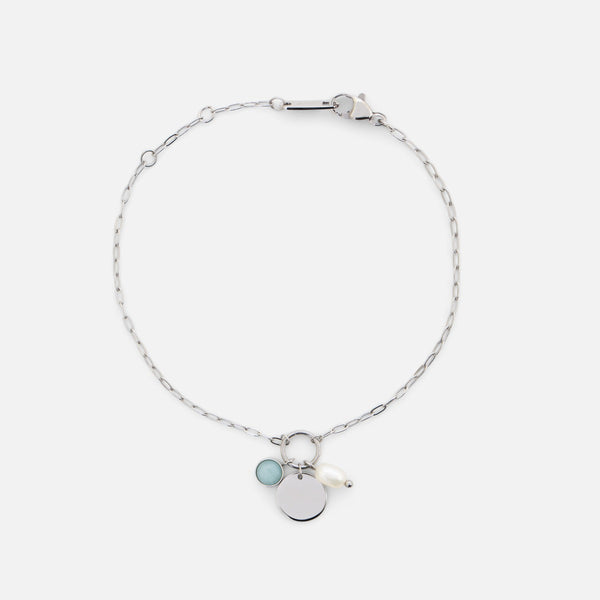 Charger l&#39;image dans la galerie, Bracelet argenté avec pierre ronde, cercle et breloque perle en acier inoxydable

