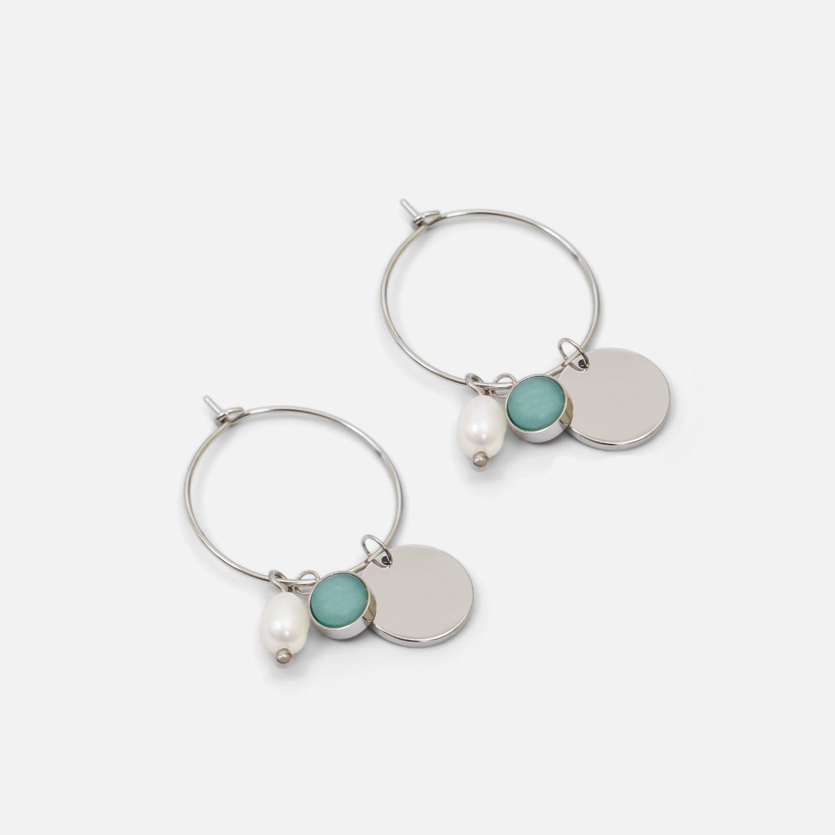 Boucles d’oreilles anneaux argentées avec pierre ronde, cercle et breloque perle en acier inoxydable