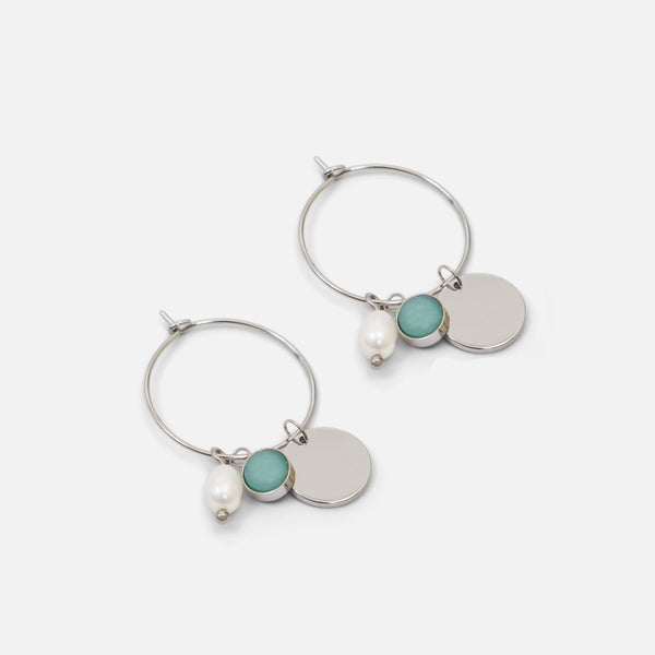 Charger l&#39;image dans la galerie, Boucles d’oreilles anneaux argentées avec pierre ronde, cercle et breloque perle en acier inoxydable

