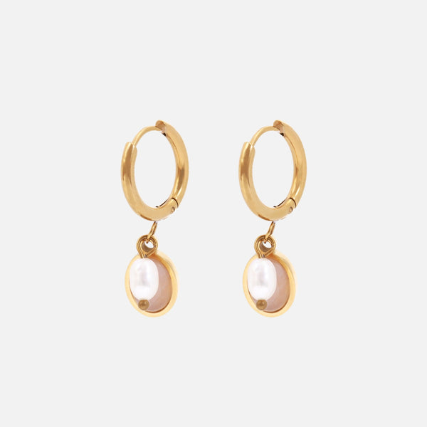Charger l&#39;image dans la galerie, Petites boucles d’oreilles dormeuses dorées avec breloque pierre et perle en acier inoxydable
