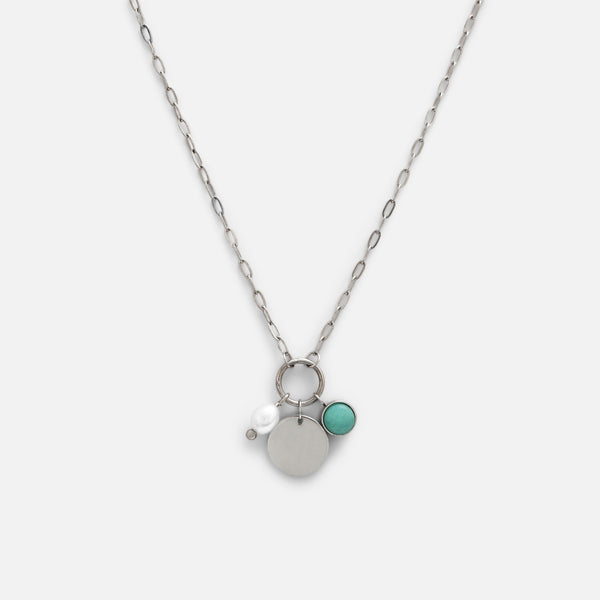 Charger l&#39;image dans la galerie, Pendentif argenté avec pierre ronde, cercle et breloque perle en acier inoxydable
