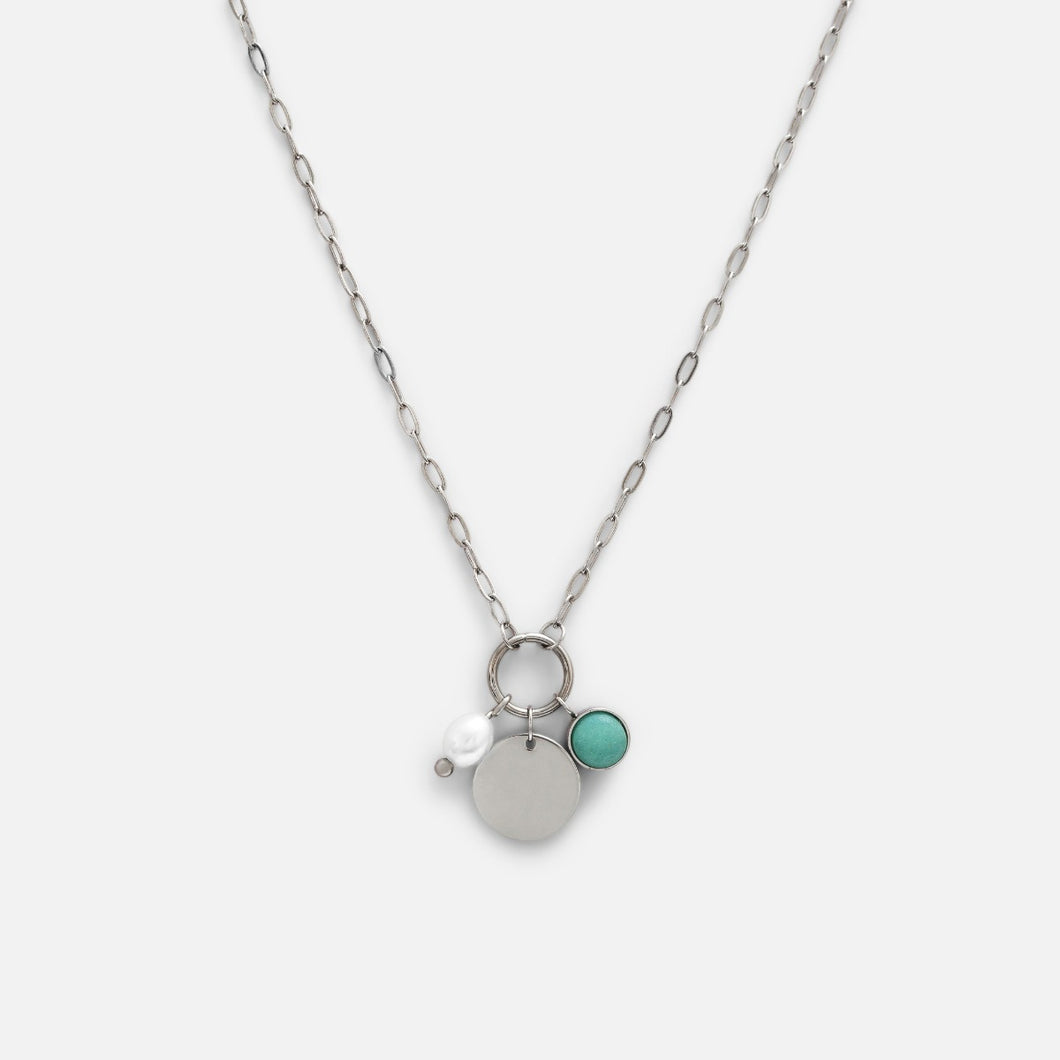 Pendentif argenté avec pierre ronde, cercle et breloque perle en acier inoxydable