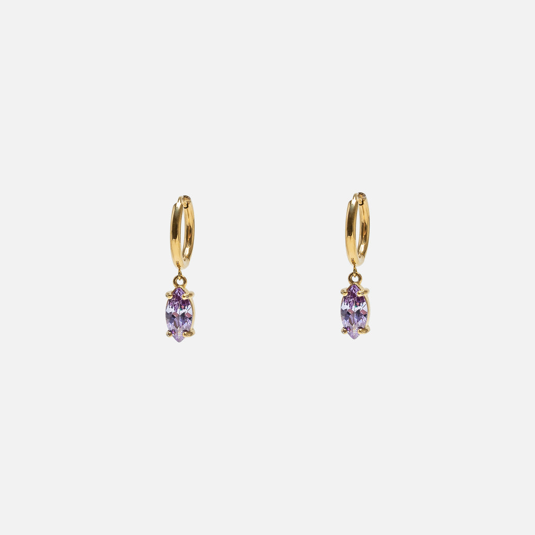 Stainless steel hoop earrings with purple stone charm