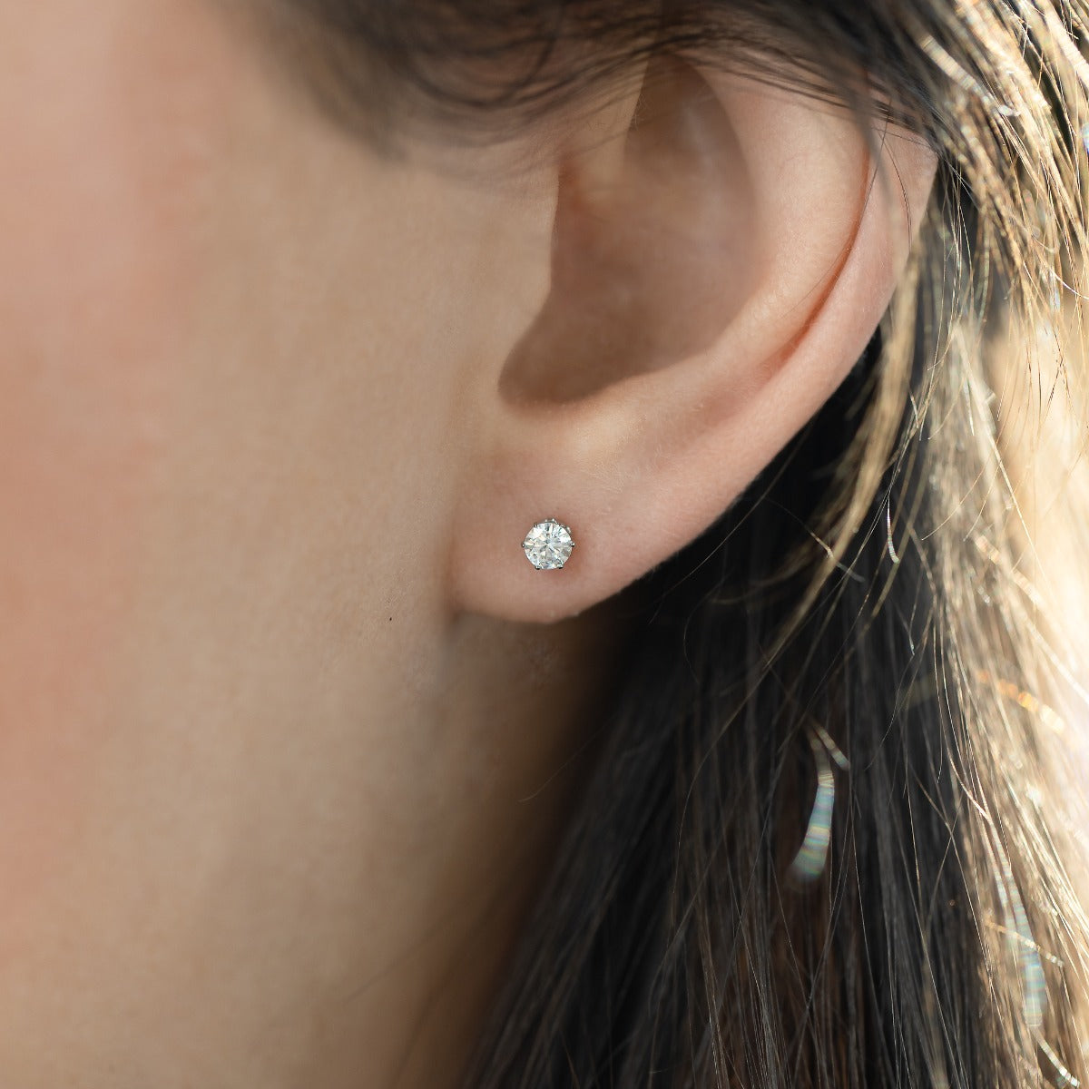 Small mini 3mm silvered stainless steel earrings with a white circle zirconia stone