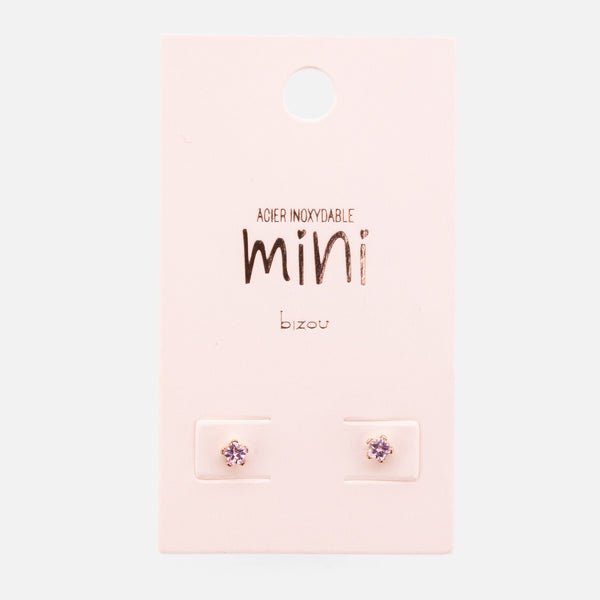Load image into Gallery viewer, Mini 3mm golden earrings with a pink zirconia stone with a flower-shaped
