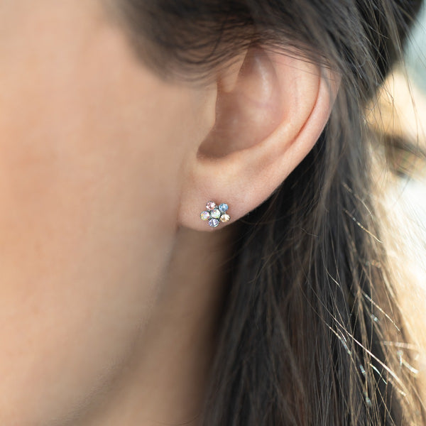 Load image into Gallery viewer, Mini silvered stainless steel earrings with multicolor zirconia stones in a flower-shaped 

