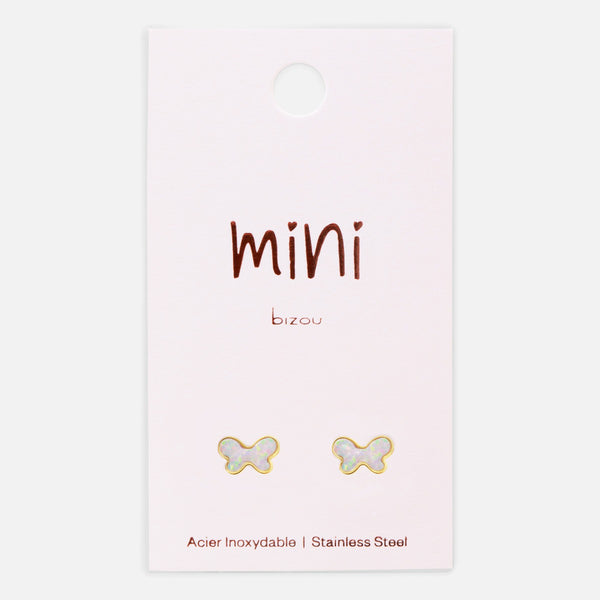 Load image into Gallery viewer, Mini golden stainless steel earrings with white butterfly
