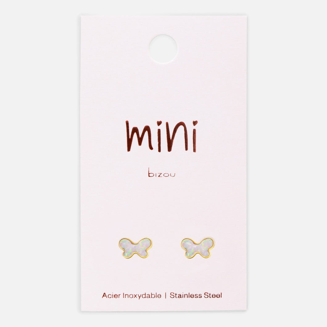 Mini boucles d’oreilles dorées nacre blanc en forme de papillon en acier inoxydable