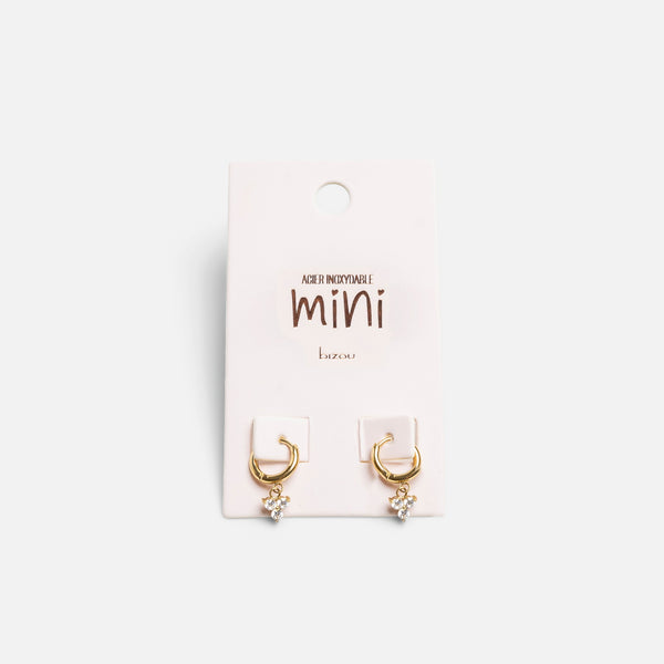Load image into Gallery viewer, Mini golden hoop earrings with three cubic zirconia in stainless steel
