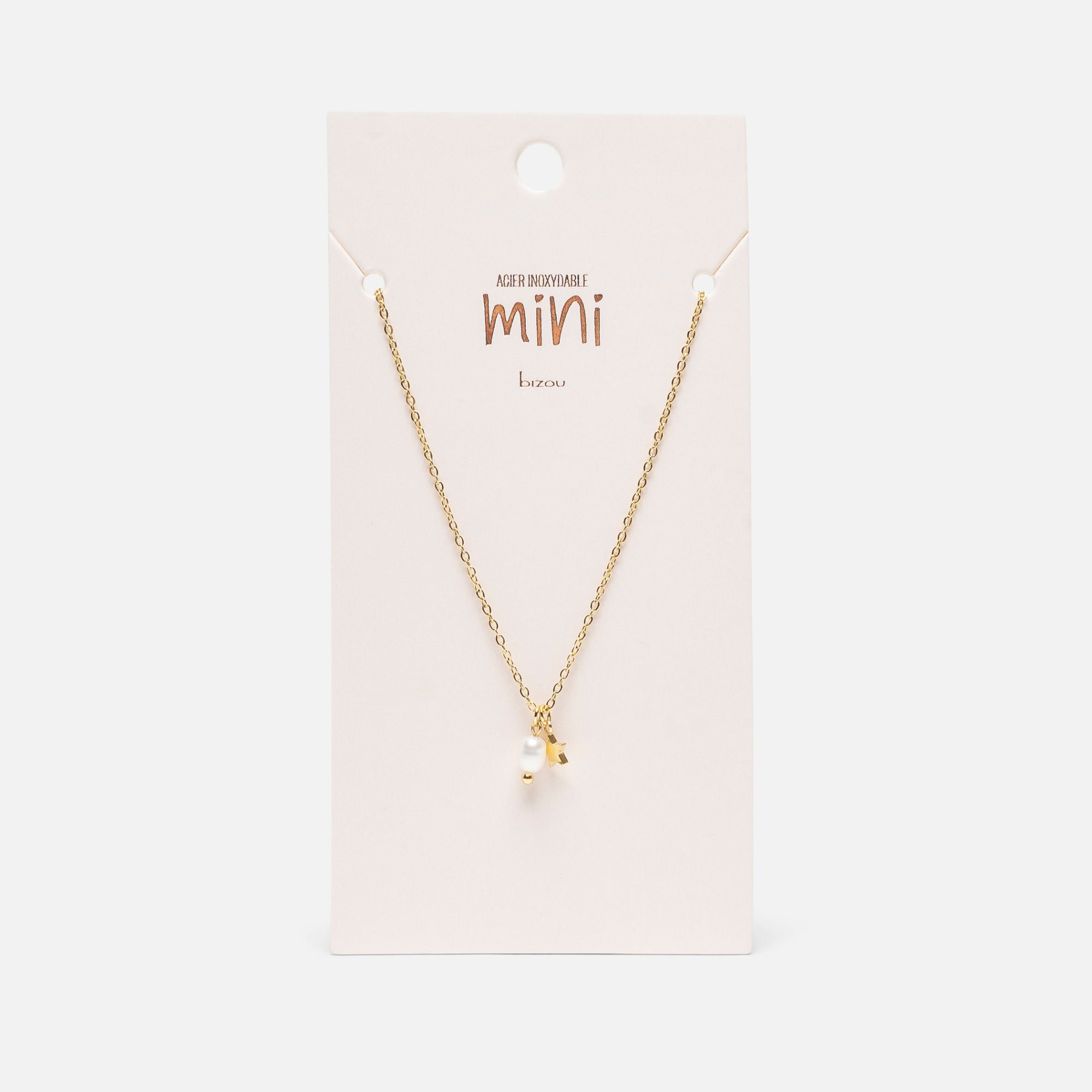 Mini golden necklace with star and pearl charms in stainless steel