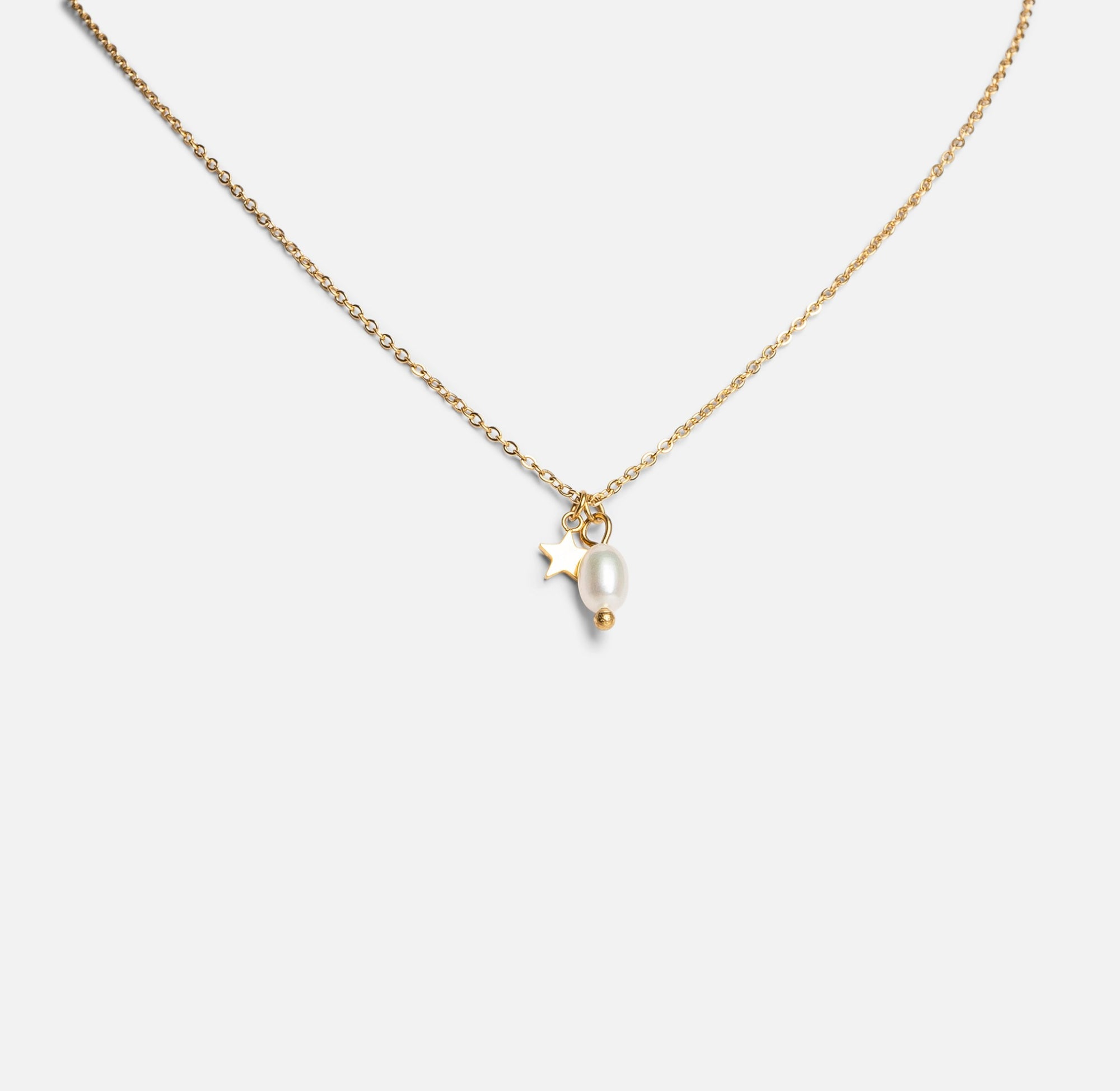 Mini golden necklace with star and pearl charms in stainless steel