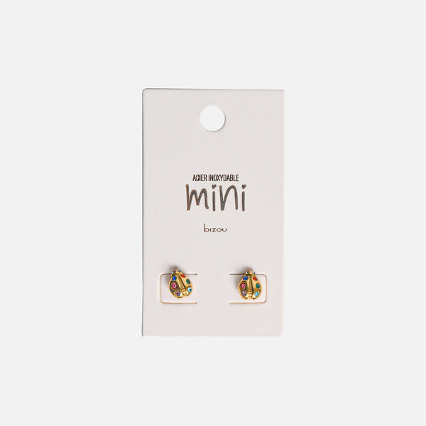 Load image into Gallery viewer, Mini golden fixed ladybug earrings in stainless steel
