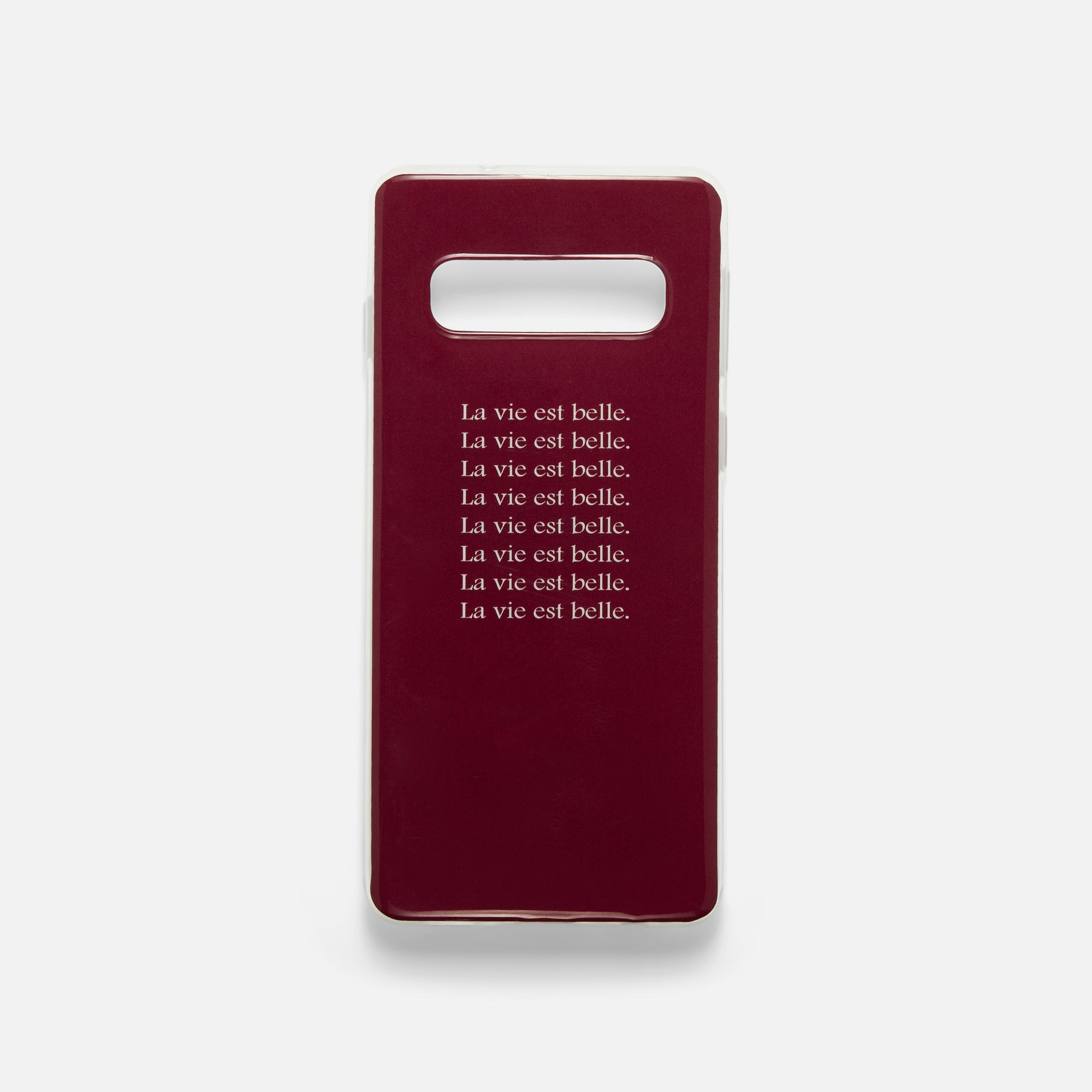 Burgundy phone case for Samsung S10 with "la vie est belle" inscriptions