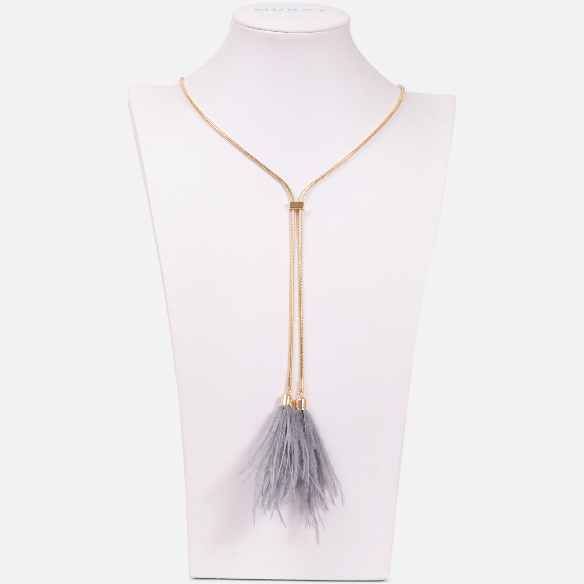 Adjustable ''y'' shaped necklace with grey feathers