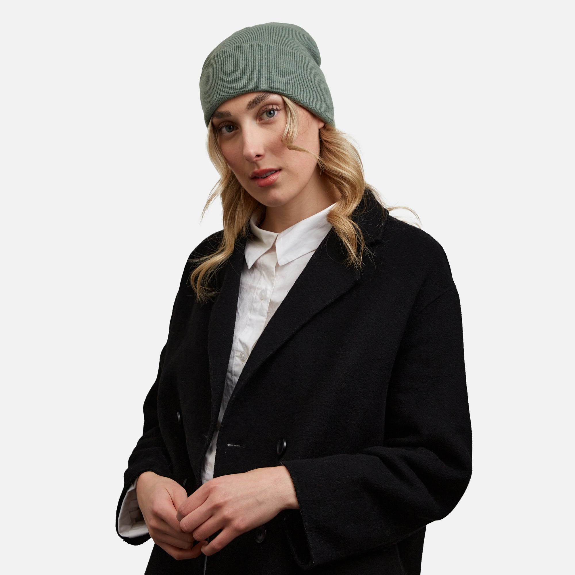 Pale green beanie with flap