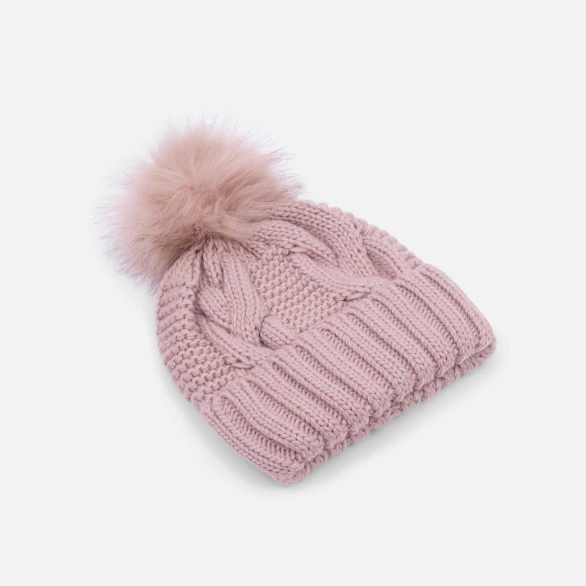 Dusty pink knit beanie with removable pompom