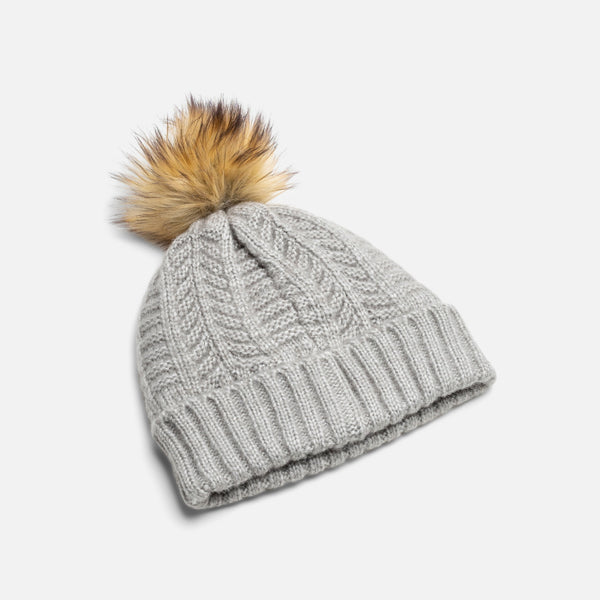 Load image into Gallery viewer, Grey braided knit beanie with removable pompom
