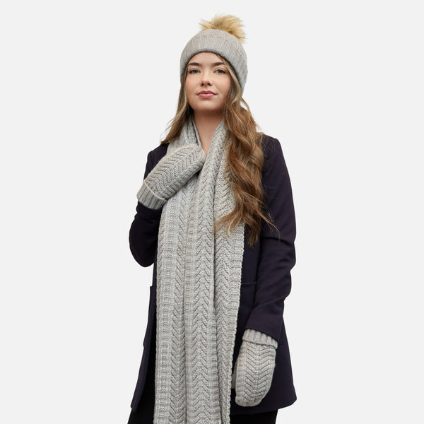 Load image into Gallery viewer, Grey braided knit beanie with removable pompom
