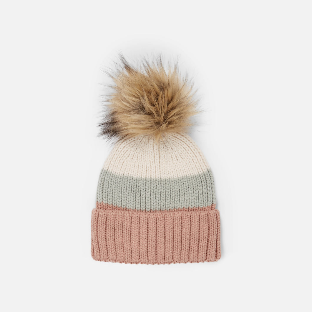 Pink, sage and beige beanie with pompom
