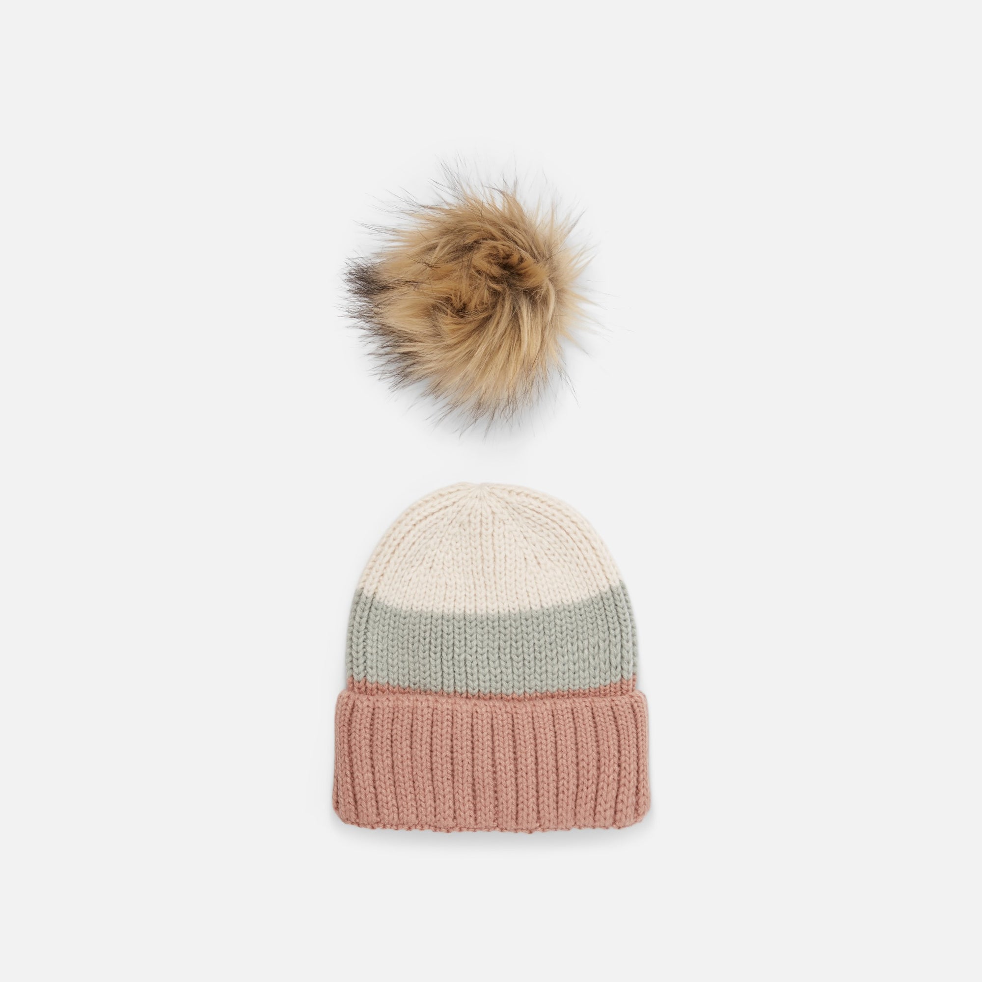 Pink, sage and beige beanie with pompom