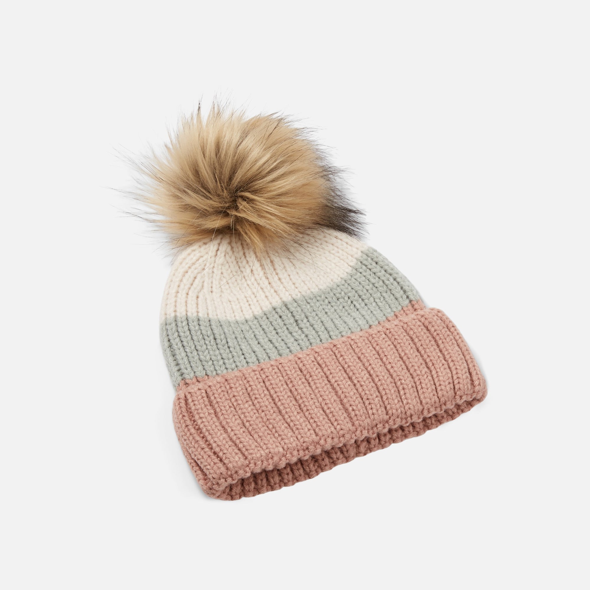 Pink, sage and beige beanie with pompom