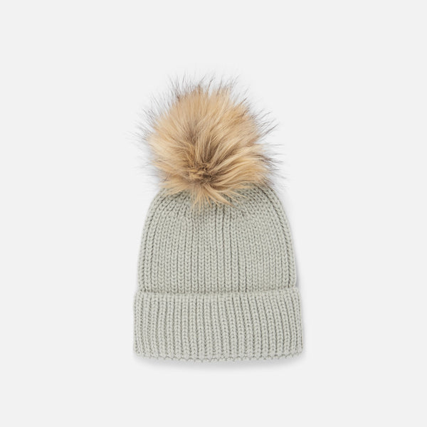 Charger l&#39;image dans la galerie, Tuque tricot menthe et pompon amovible en fausse-fourrure
