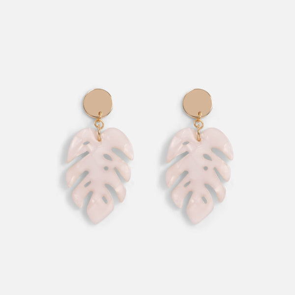 Load image into Gallery viewer, Long golden earrings with mother-of-pearl palm tree leave charm
