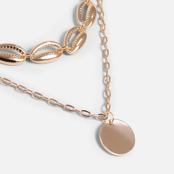 Load image into Gallery viewer, Set of two golden necklaces with seashells and circular charm   
