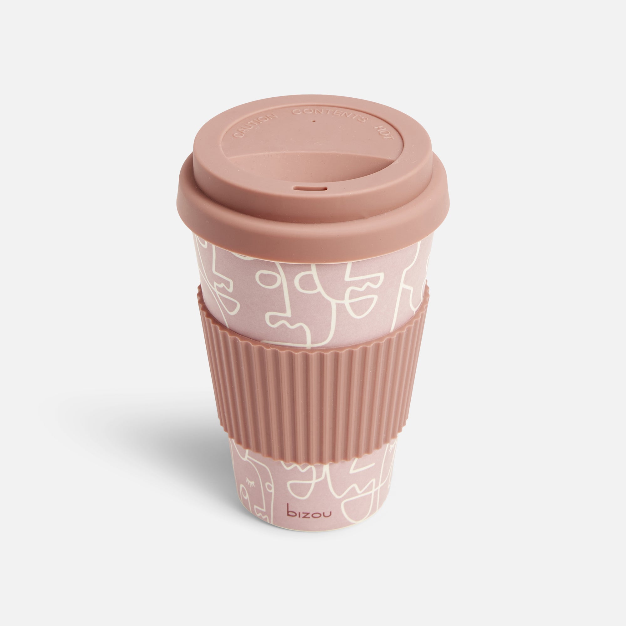Tasse à café rose réutilisable en bambou avec visages abstraits