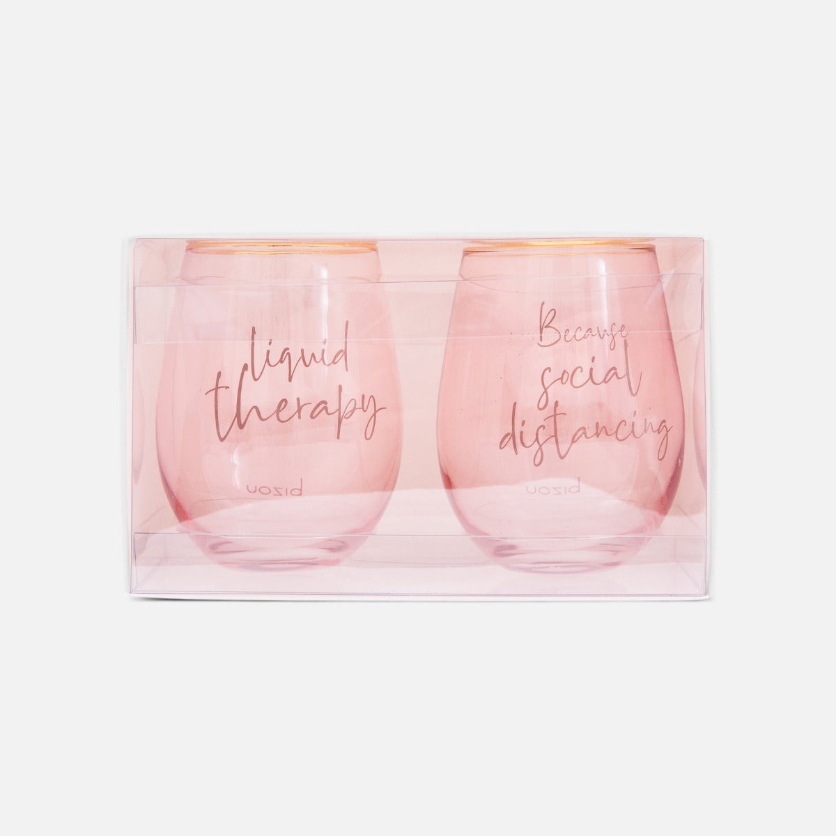 Pink wine glasses with humoristic quote; "liquid therapy" and "because social distancing"