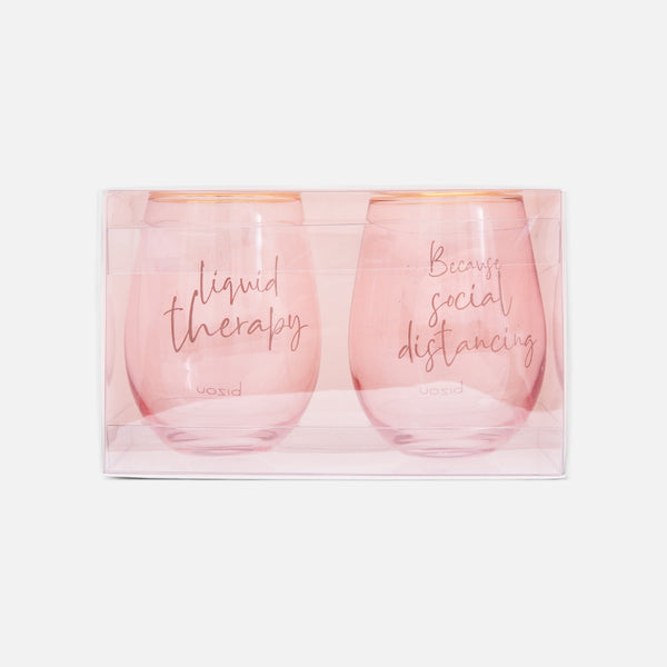 Load image into Gallery viewer, Pink wine glasses with humoristic quote; &quot;liquid therapy&quot; and &quot;because social distancing&quot;
