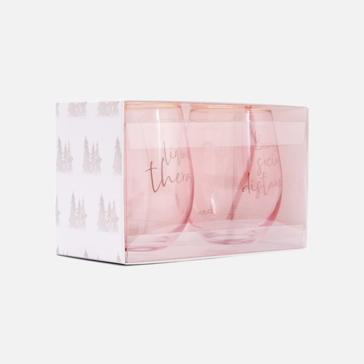 Pink wine glasses with humoristic quote; "liquid therapy" and "because social distancing"