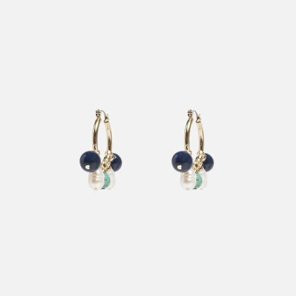 Load image into Gallery viewer, Golden hoop earrings with blue, green and white beads 
