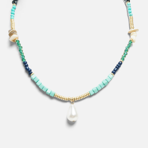 Load image into Gallery viewer, Short necklace with green and blue beads and pearl charm
